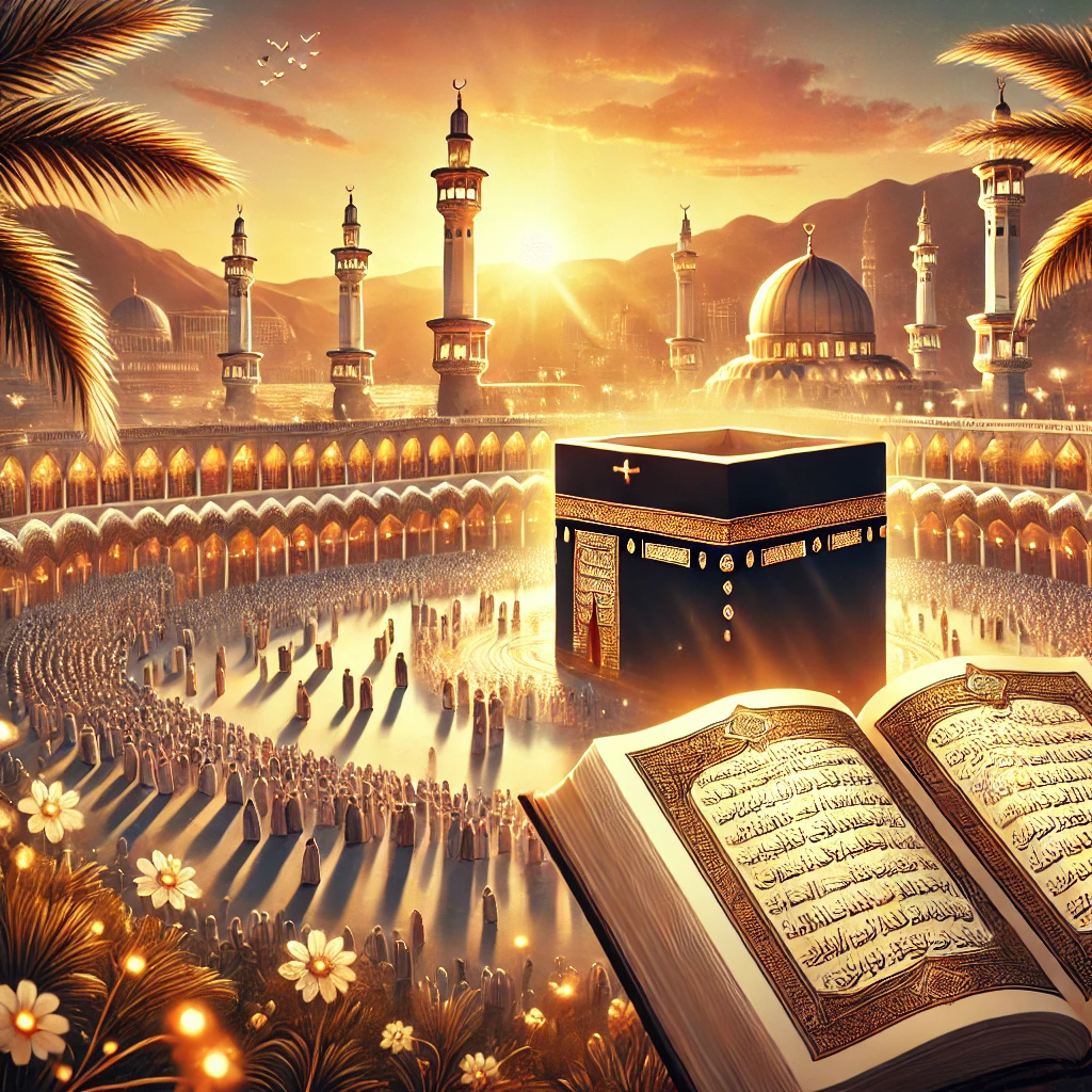 A-peaceful-and-detailed-depiction-of-an-Islamic-theme-featuring-a-vibrant-mosque-surrounded-by-palm-trees-at-sunrise-the-Kaaba-in-Mecca-with-pilgrim.webp